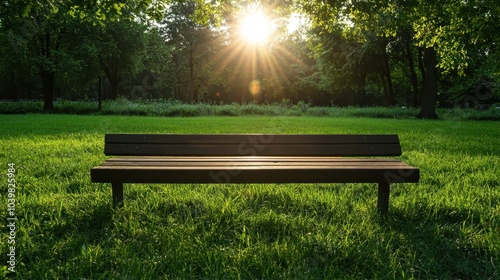 A serene park scene featuring a sunlit wooden bench in a green, leafy park, basking in the radiant sunlight, surrounded by lush grass and tall trees. photo