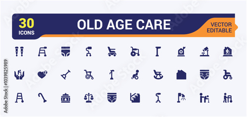 Old age care filled icons collection. Related to Elderly Care, senior healthcare, rehabilitation, nursing, patient monitoring, therapy, social care. Filled vector icons set.