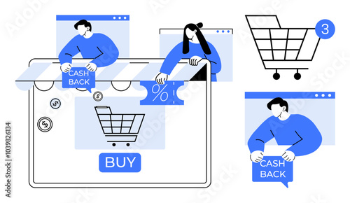 People enjoy cash-back offers, cart purchases and sale discounts. Ideal for e-commerce, digital marketing, online shopping, discounts and promotions, and customer incentives. Simple modern style
