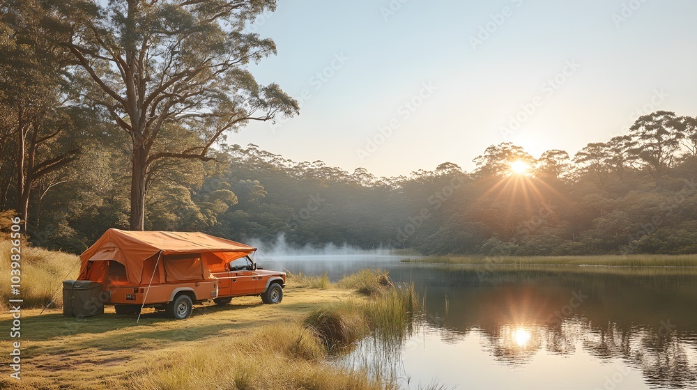 A camp car parked beside a picturesque lake at sunrise with mist rising off the water A camp car parked beside a picturesque lake at sunrise with mist rising off the water