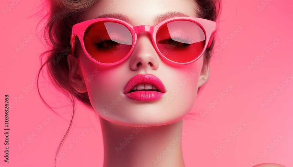 Vibrant portrait of a model wearing stylish pink sunglasses against a pink backdrop Vibrant portrait of a model wearing stylish pink sunglasses against a pink backdrop