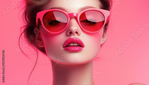 Vibrant portrait of a model wearing stylish pink sunglasses against a pink backdrop