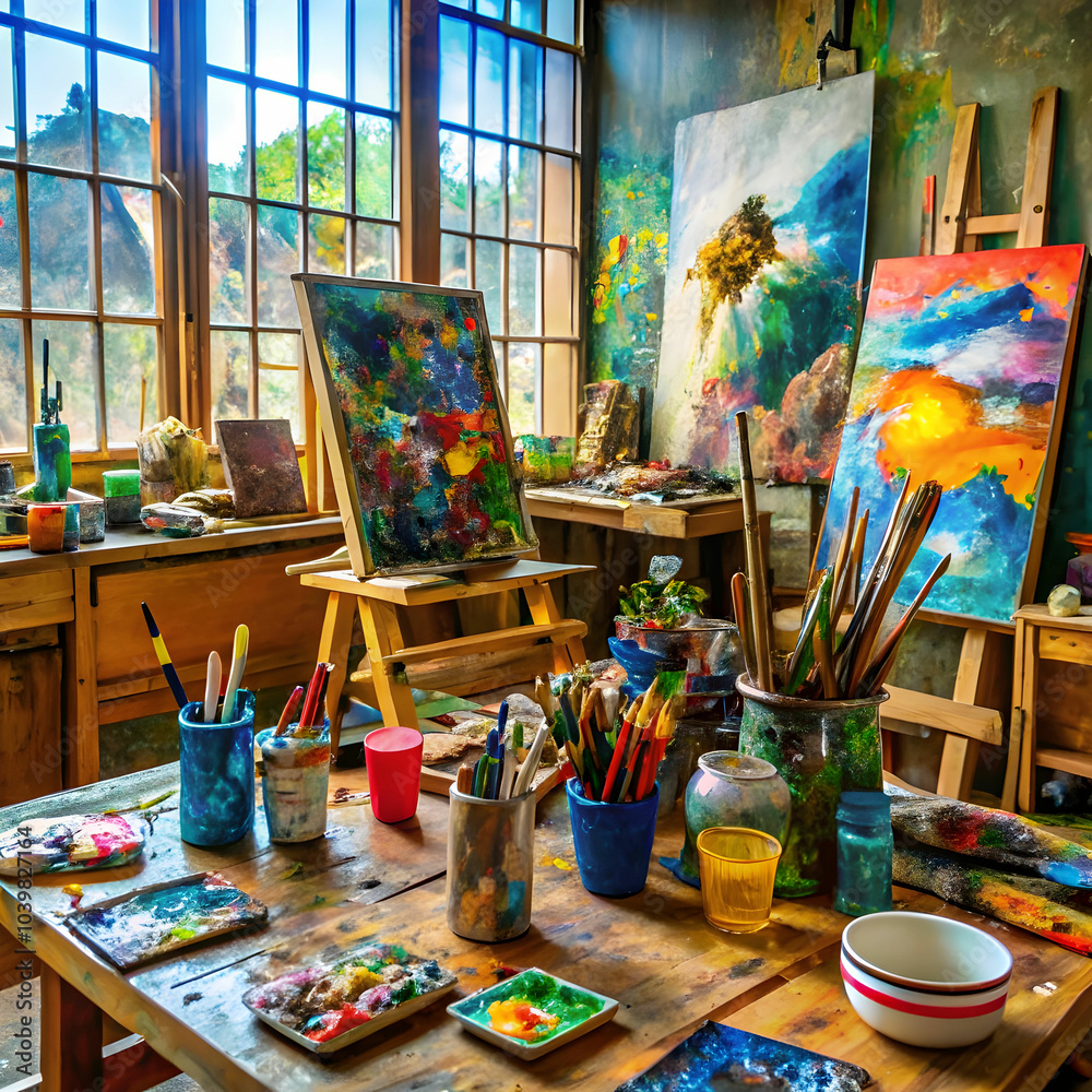 Messy and vibrant artist studios showcase an explosion of colors, brushes Messy and vibrant artist studios showcase an explosion of colors, brushes