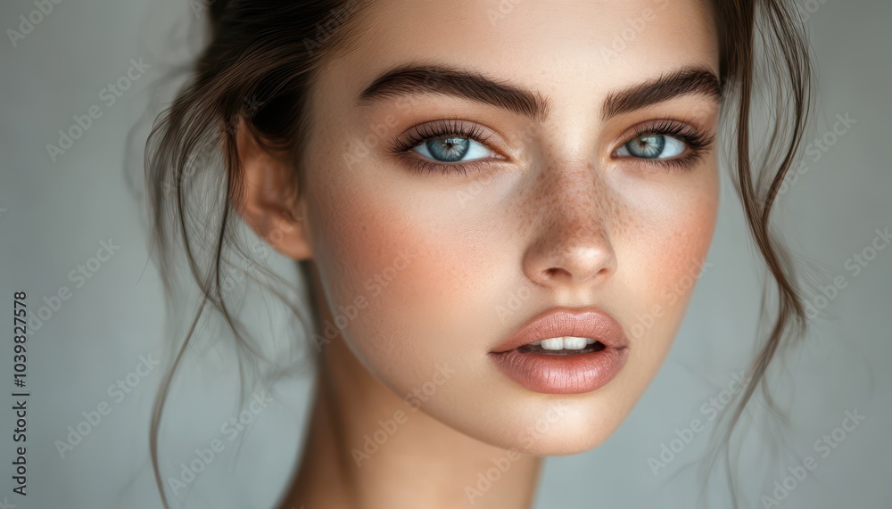 Close-up portrait of a young woman showcasing radiant skin and captivating eyes Close-up portrait of a young woman showcasing radiant skin and captivating eyes