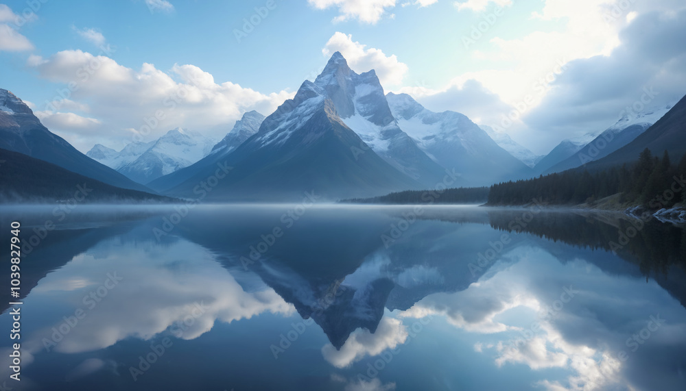 A mountain range is reflected in a lake A mountain range is reflected in a lake