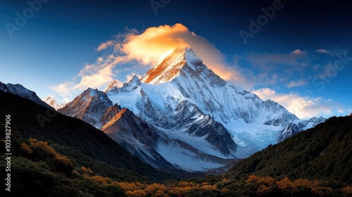 A stunning view of a snow-capped peak basking in the golden hue of dawn, surrounded by clouds, reflecting the splendor and majesty of nature’s grand designs.