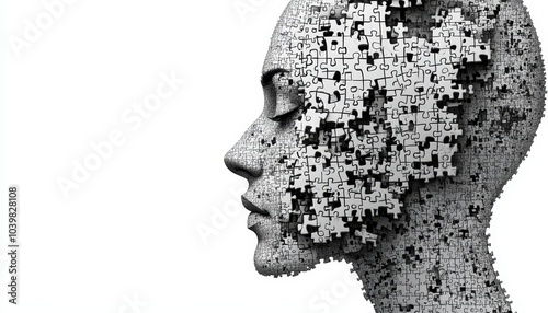 Abstract representation of a human face made of puzzle pieces on a white background