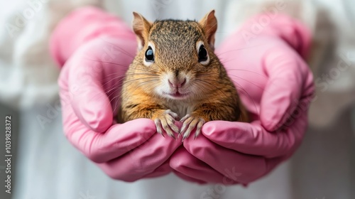 A cute squirrel is cradled gently in a pair of protective pink gloves, showcasing tenderness and care in a human-animal connection, evoking warmth and love. photo