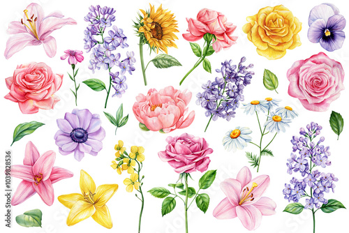 Botanical watercolor flower set, hand-drawn blooms roses, lilacs, daisies, lilies isolated, summer floral design clipart