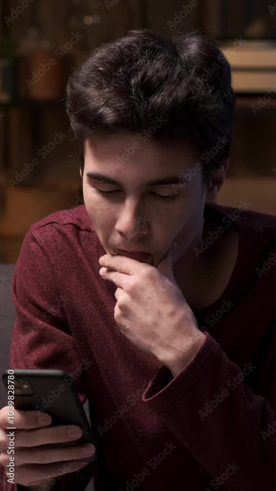 Positive Caucasian young adult man using phone for chatting online or browsing internet, spending pastime at late night home. Vertical video.