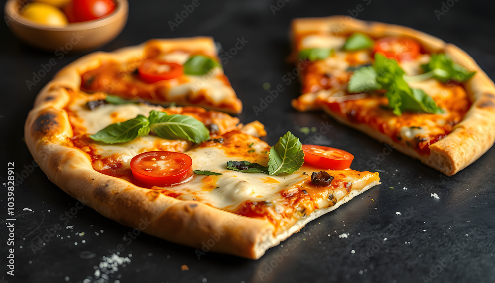 Delicious vegetarian pizza on black table, closeup isolated with white highlights, png Delicious vegetarian pizza on black table, closeup isolated with white highlights, png