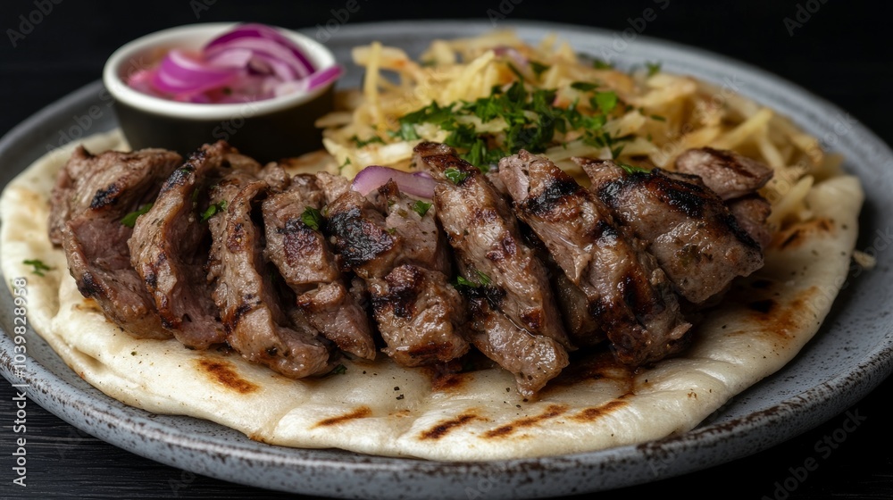 Grilled Lamb Kebab with Pita Bread and Side Salad Grilled Lamb Kebab with Pita Bread and Side Salad