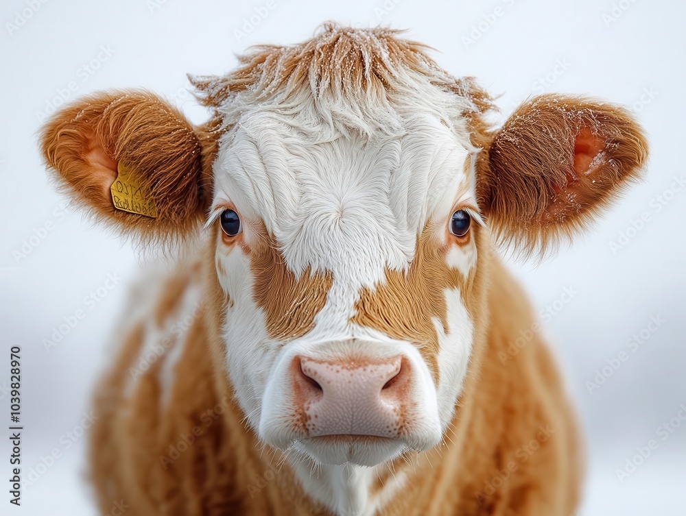 hereford cow gracefully posed against a clean white backdrop, showcasing its distinctive markings and soft features, emphasizing the beauty of livestock hereford cow gracefully posed against a clean white backdrop, showcasing its distinctive markings and soft features, emphasizing the beauty of livestock
