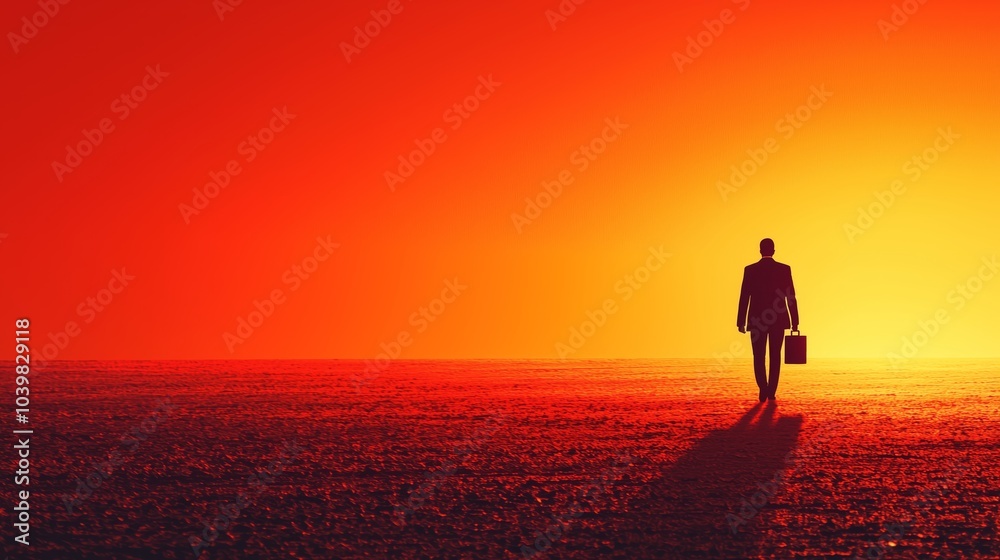Business Figure Walking in Sunset Landscape Business Figure Walking in Sunset Landscape