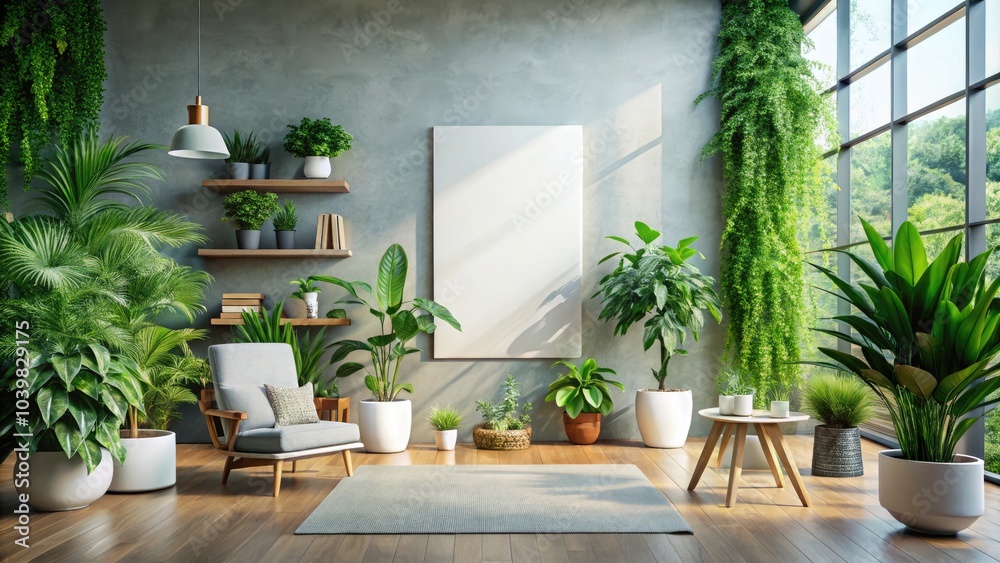 Minimalistic Room Interior Design with Large Mockup Canvas and Indoor Plants, Perfect for Text or Product Placement in Modern Home Decor Minimalistic Room Interior Design with Large Mockup Canvas and Indoor Plants, Perfect for Text or Product Placement in Modern Home Decor