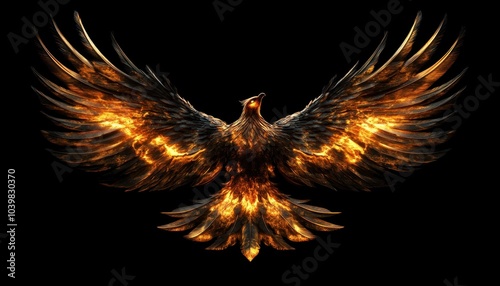Majestic phoenix rising with fiery wings against a dark background at twilight