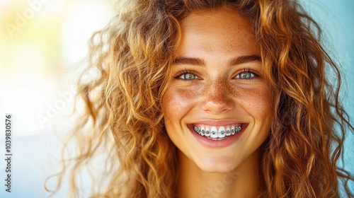 A radiant close-up of a girl with sparkling eyes and braces showcases pure joy, her wild curly hair contrasting brightly against a soft-focus background.