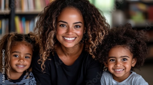 A mother and her two children with curly hair smile warmly at the camera, capturing a moment of familial joy, warmth, and connection in a cozy home environment.