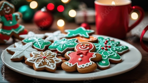 Close-up of gingerbread cookies arranged on a plate, detailed icing designs with red, green, and white colors