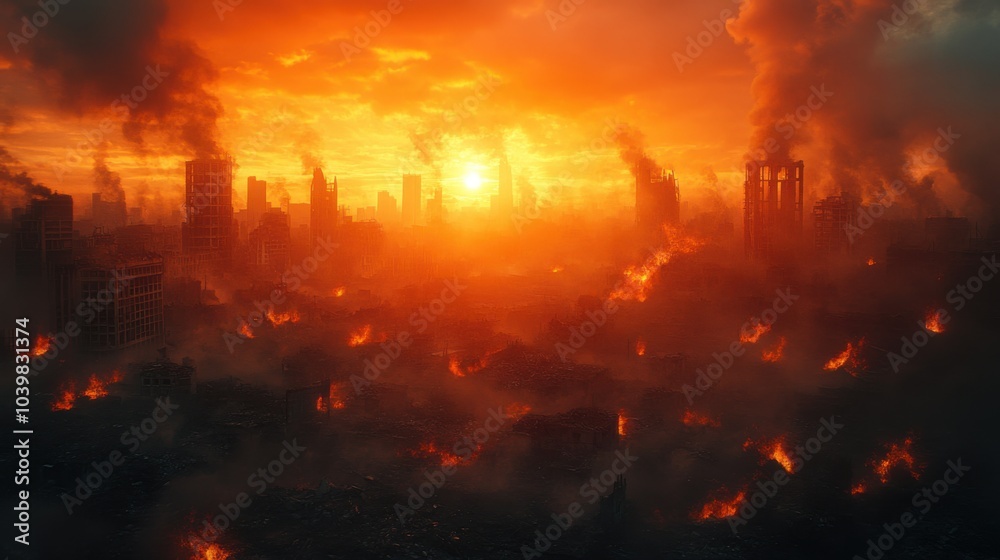 Obraz premium A dystopian cityscape engulfed in flames at sunset.
