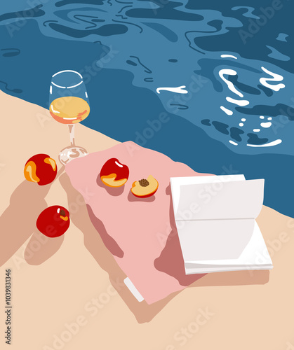 Poolside Relaxation with Peaches and Wine