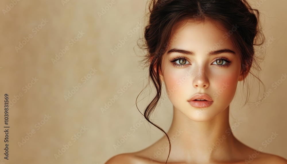 Naklejka premium A young woman with captivating eyes poses softly against a neutral backdrop