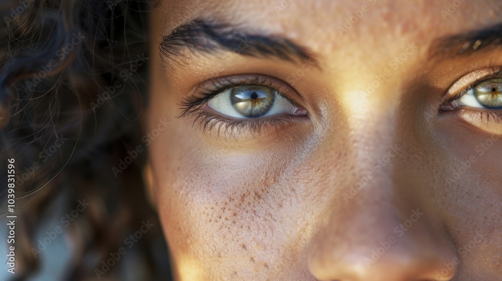Closeup portrait of a womans face and eyes gazing directly at the camera. Headshot highlighting her focus and clear vision Closeup portrait of a womans face and eyes gazing directly at the camera. Headshot highlighting her focus and clear vision