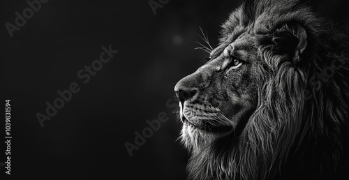 Black and white lion portrait on black background