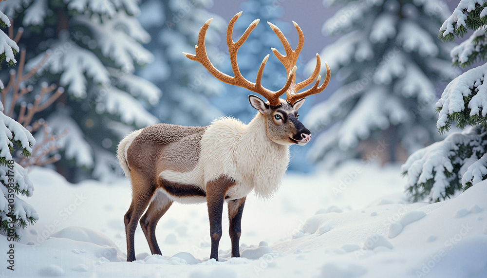Reindeer standing in snowy forest during winter Reindeer standing in snowy forest during winter