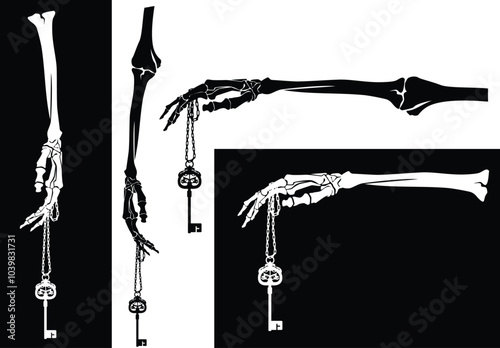 human skeleton hand holding antique key with chain hanging down - spooky halloween mystery black and white vector design set