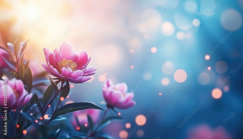 Delicate pink peonies blooming in a serene garden under soft sunlight Delicate pink peonies blooming in a serene garden under soft sunlight