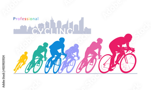 Professional cycling races in the city, colorful cyclist silhouettes vector design