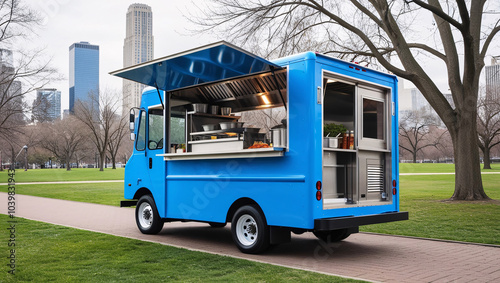 Wallpaper Mural blue color food truck in park, food truck, in the city, mockup blue food truck stops at city park Torontodigital.ca