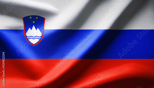 Republic of Slovenia flag waving in the wind. Cloth fabric texture ensign background. Use it for national day and country occasions concept