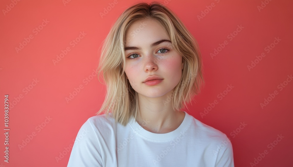 Young woman with natural beauty posing against a vibrant red background Young woman with natural beauty posing against a vibrant red background
