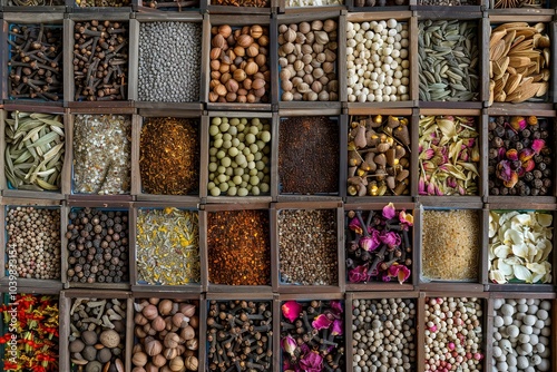 Assorted spices and dried herbs in wooden boxes