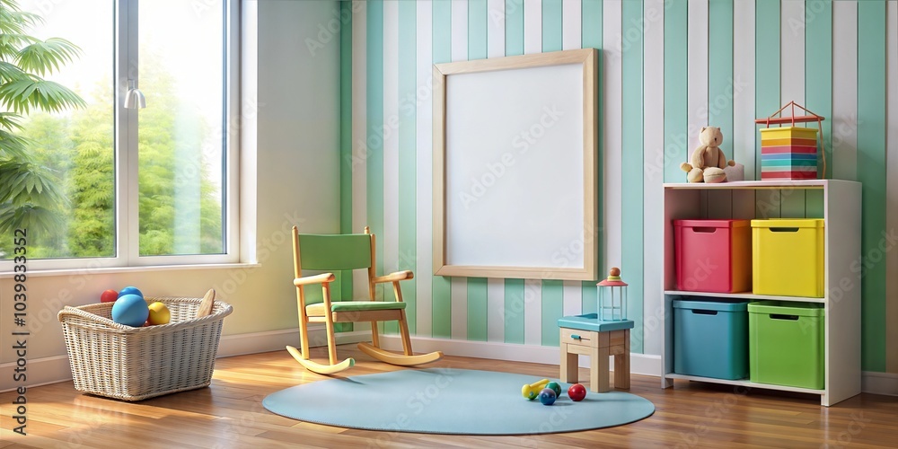 Obraz premium Colorful Children's Room with Rocking Chair and Toy Bin Decor