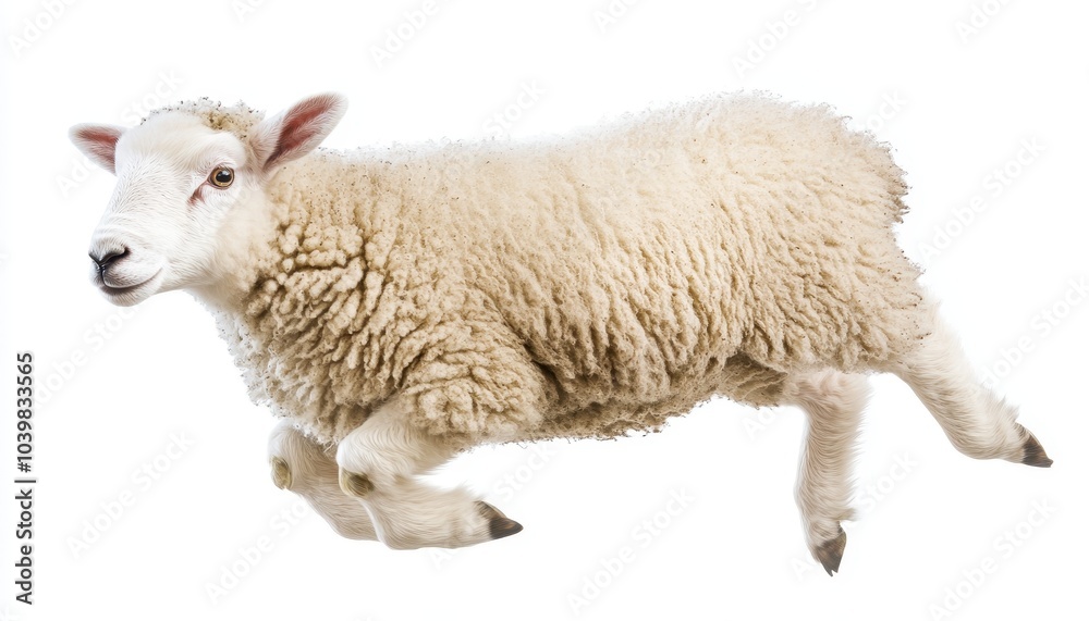 A fluffy sheep leaping gracefully in a bright, well-lit setting A fluffy sheep leaping gracefully in a bright, well-lit setting