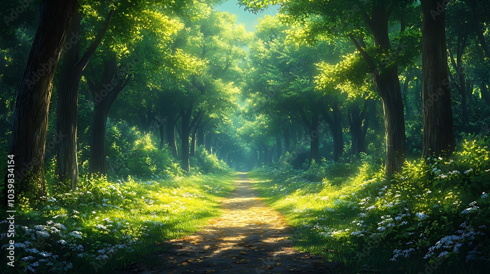 Fototapeta premium A sunlit path through a dense forest with lush greenery and wildflowers.