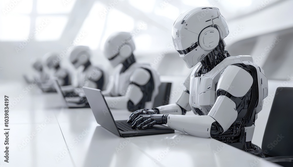 Naklejka premium Robots working collaboratively at white desks using laptops in a modern office