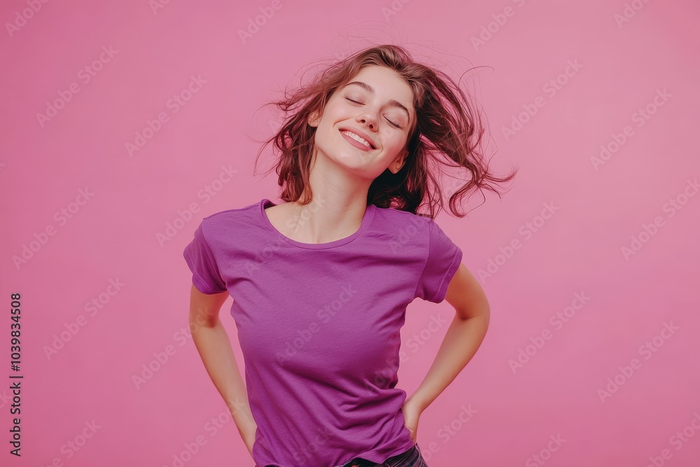Stand Straight. Adorable and Charming Lady in Purple T-Shirt on Pink Background Stand Straight. Adorable and Charming Lady in Purple T-Shirt on Pink Background