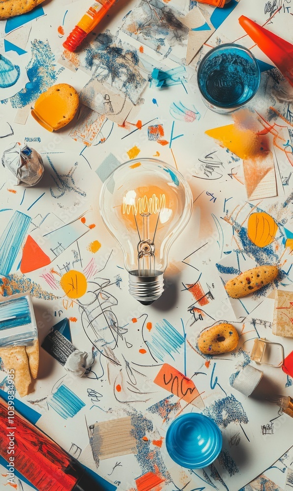 Lightbulb on art supplies, creative inspiration. Lightbulb on art supplies, creative inspiration.
