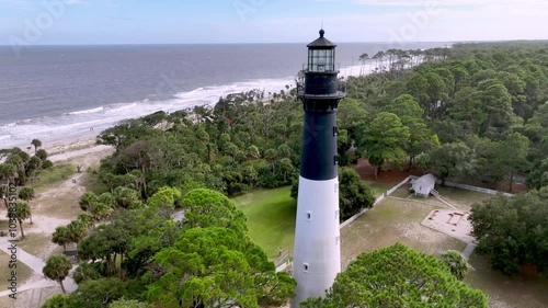 aerial push past the hunting island lighthouse near beaufort sc, south carolina photo