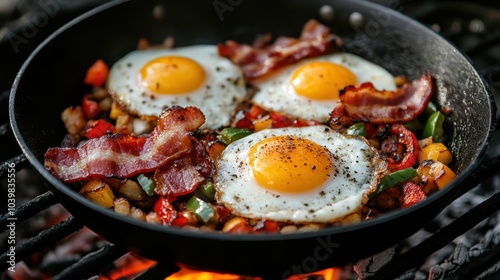 A delicious concoction of three sunny side up eggs with crispy bacon, served over a vibrant bed of sautéed vegetables, perfect for a hearty morning meal.