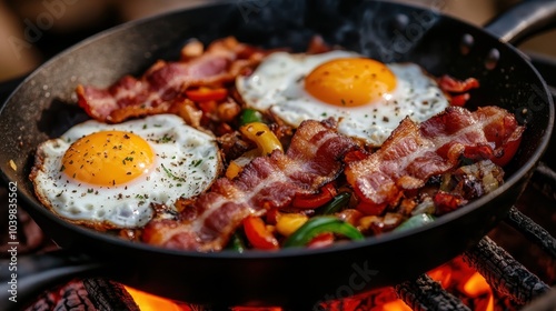 A cozy breakfast scene with crispy bacon strips and golden sunny side up eggs cooking over an open flame, surrounded by an array of vibrant vegetables.