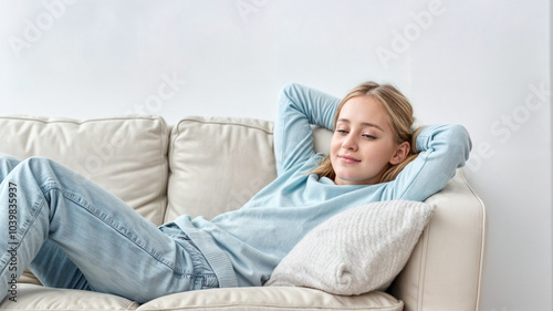 A young woman relaxing on a white couch in a casual blue outfit