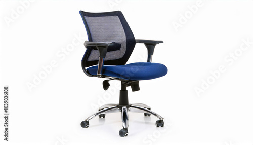 Modern Ergonomic Office Chair: Blue mesh back, padded seat, chrome base, comfortable & stylish for modern workspace.