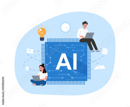 Concept illustration of using artificial intelligence to improve productivity. People find new ideas using AI in their work. Vector illustration.