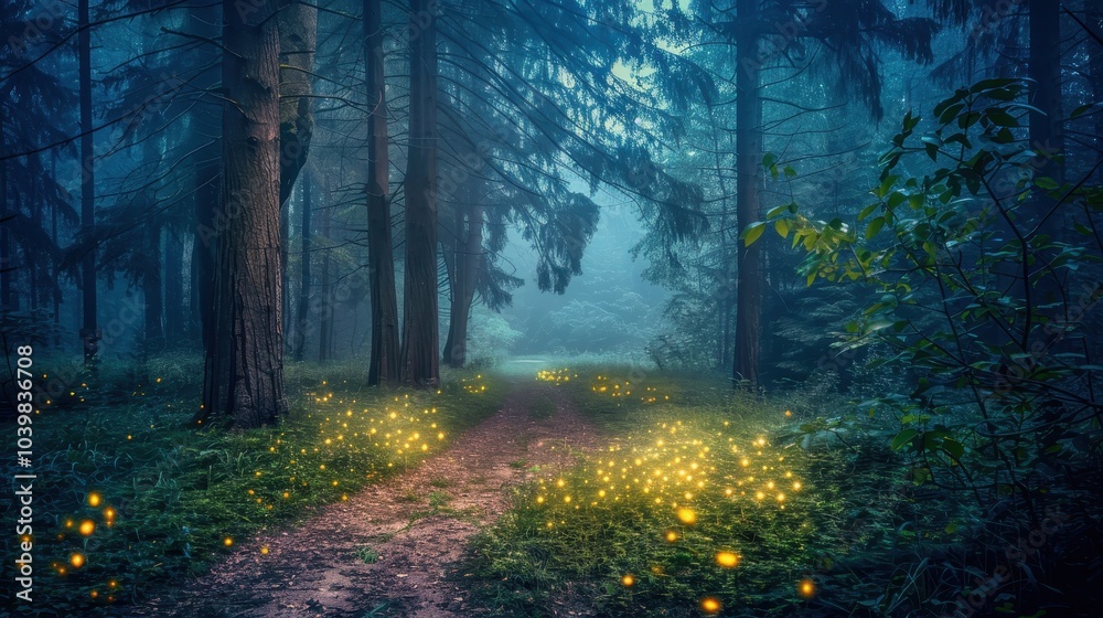 Obraz premium Enchanted Moonlit Pathway in a Tall Forest