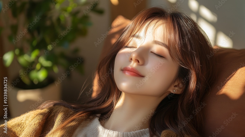 Relaxed Woman Sleeping in Sunlight with Brown Sweater Relaxed Woman Sleeping in Sunlight with Brown Sweater